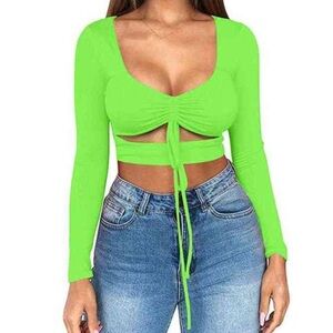 Women’s Lime Green Tie-Front Long Sleeve Crop Top